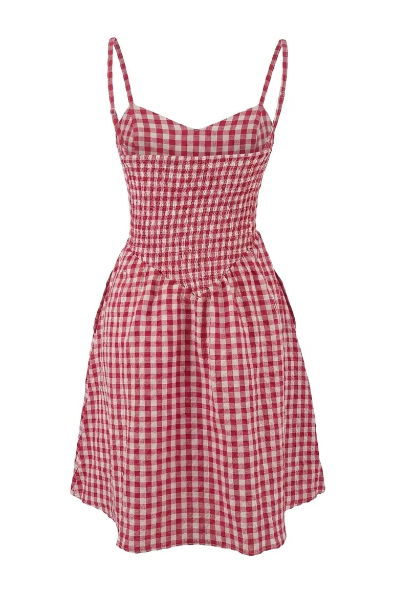 Red Plaid Patterned Woven Gipeli Extra Mini Beach Dress - 2