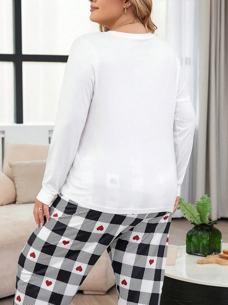 Plus Size Slogan Printed Top and Checked Pyjama Set - 1
