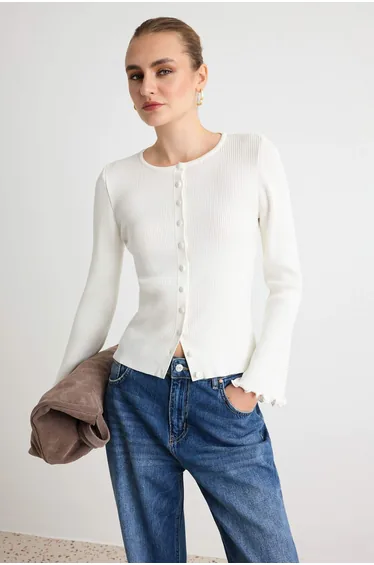 Ecru Sleeve Detailed Body-Hugging Crew Neck Knitwear Cardigan