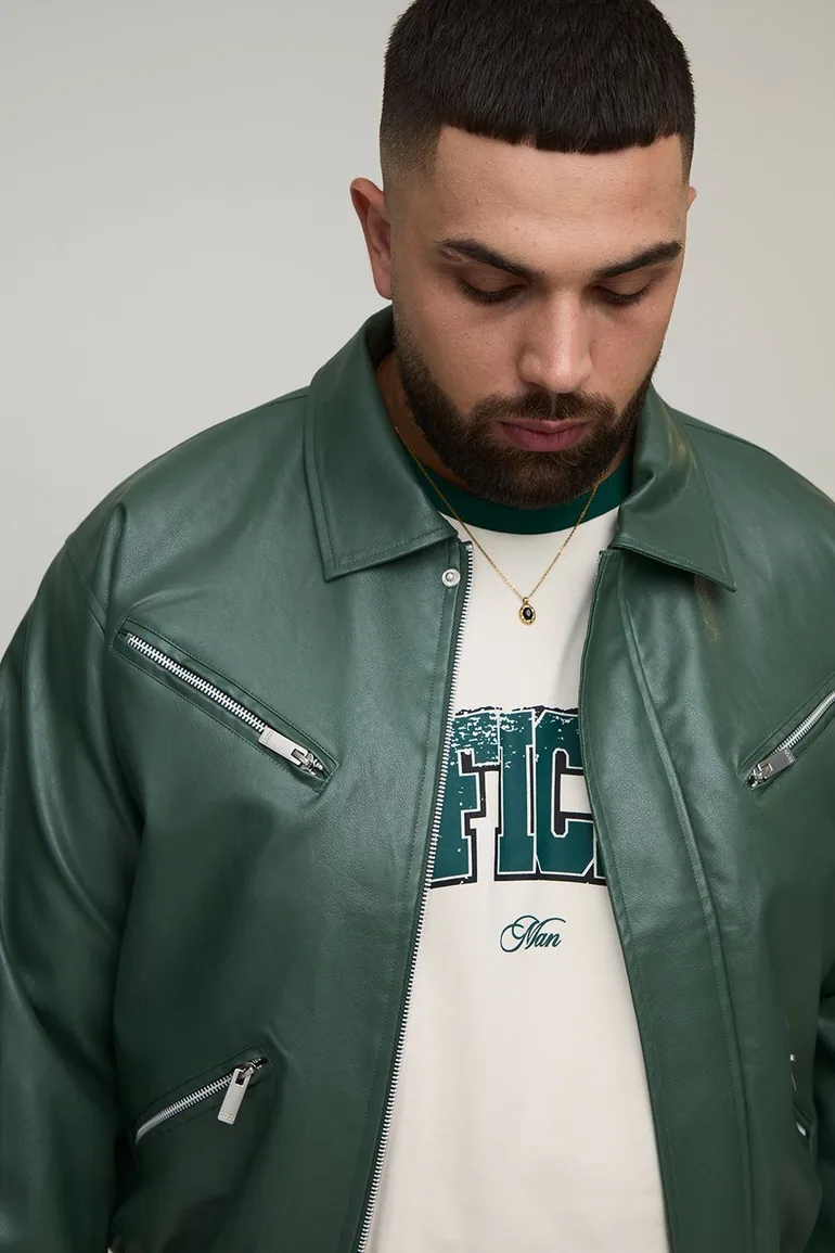 Plus Boxy Fit Zip Detail PU Collared Bomber Jacket - green - 2