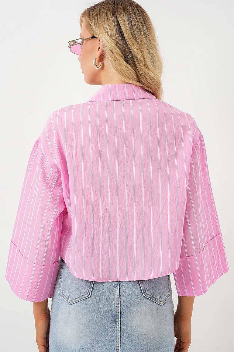 BDART Oversized Striped Cropped Shirt with Button Closure - 5