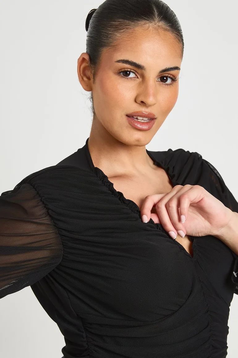 Plus Mesh Ruched Neckline Long Sleeve Bodysuit - black - 3