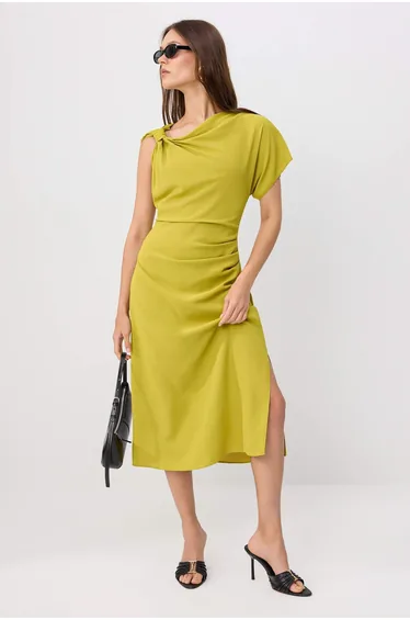 Oil Green Plain Midi Woven Dress