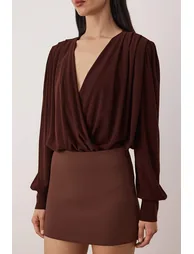 Dark brown double breasted v neck long padded bottom snap knit sandy chic/night body - 2