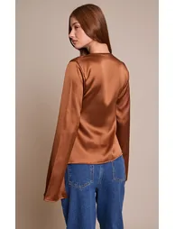 Brown Satin Tie Front Detail Long Sleeve Top - 2