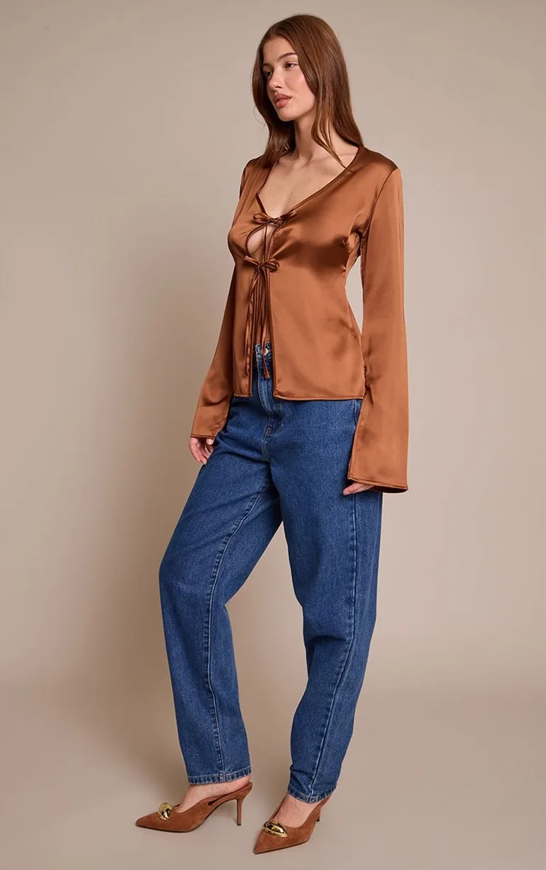 Brown Satin Tie Front Detail Long Sleeve Top - 1