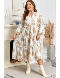 Lvness Plus Size Khaki Patterned Ruffled Sleeve Half Placket Tiered A-line Long Dress - 3