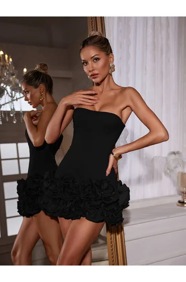 Birtin Strapless Flower Mini Dress In Black