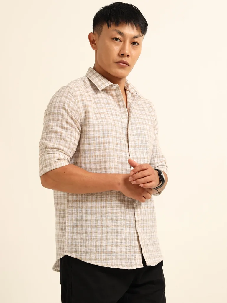 Men Brown Checked Spread Collar Shirt - 2