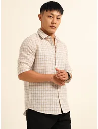 Men Brown Checked Spread Collar Shirt - 2