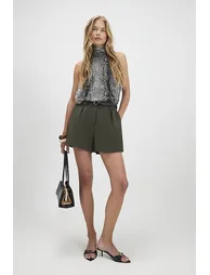 Khaki Belted Structured Shorts - 2