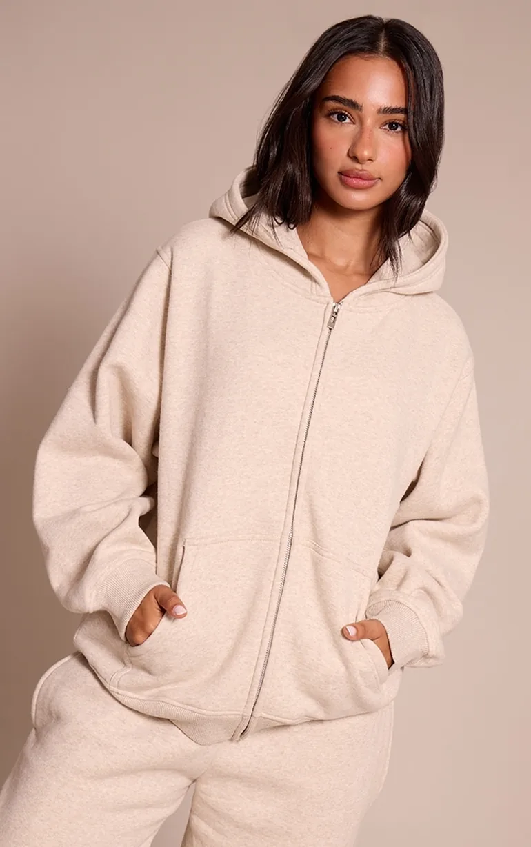 Petite Oatmeal Cotton Fleece Full Zip Hoodie