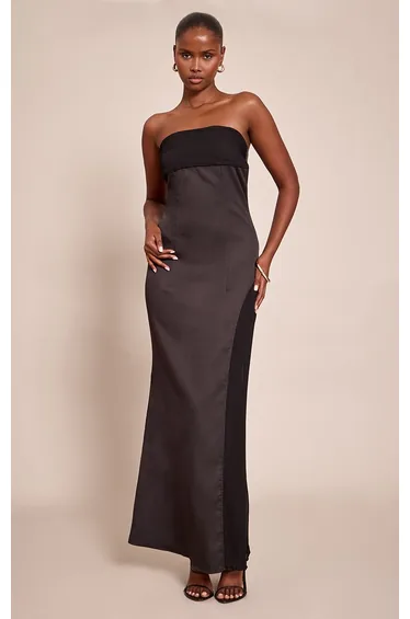 Black Woven Pleated Detail Maxi Dress
