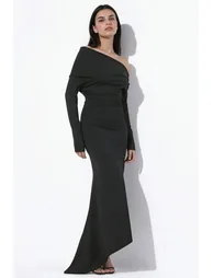 Boat Neck Asymmetric Bodycon Maxi Dress - 1