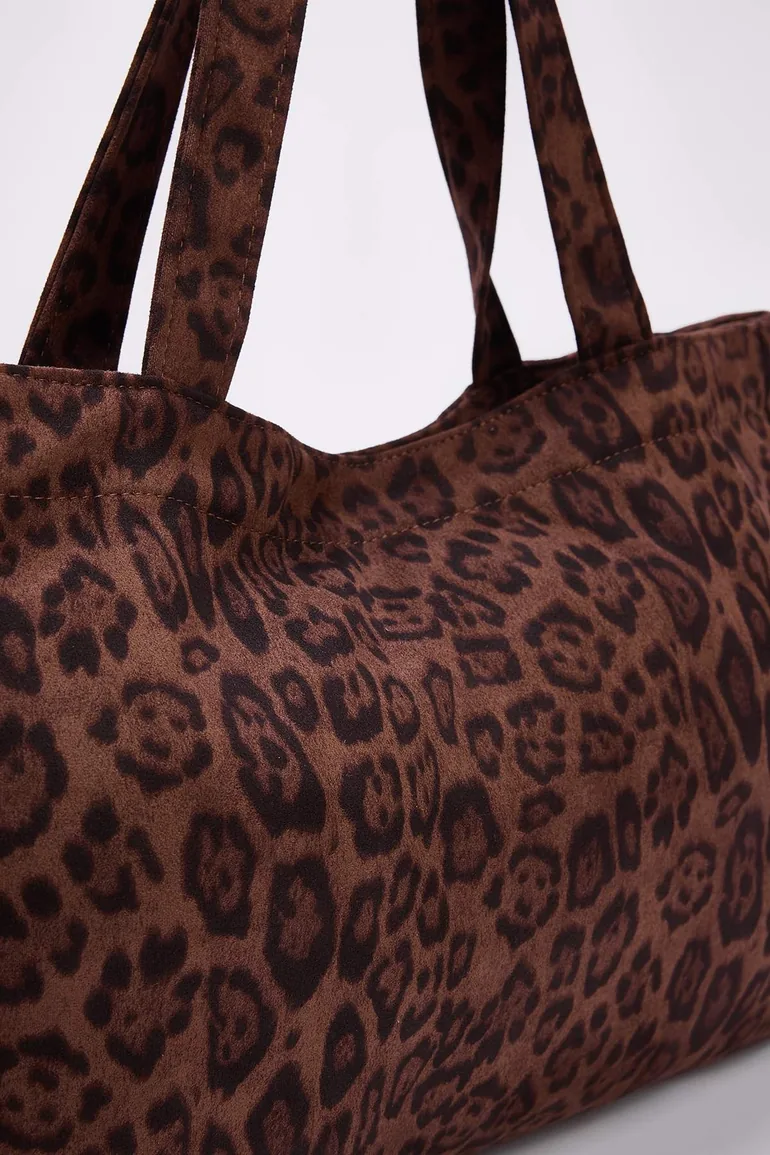 Brown Leopard Patterned Maxi Tote Women's Maxi Size Shoulder Bag - 4