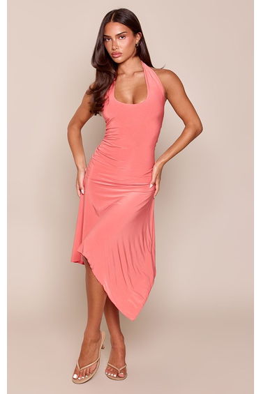 Coral Slinky Scoop Neck Hanky Hem Midi Dress