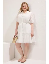 White Balloon Sleeve A-Line Midi Woven Plus Size Dress