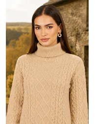 Yumi Beige Cable Knit Roll Neck Jumper - 2