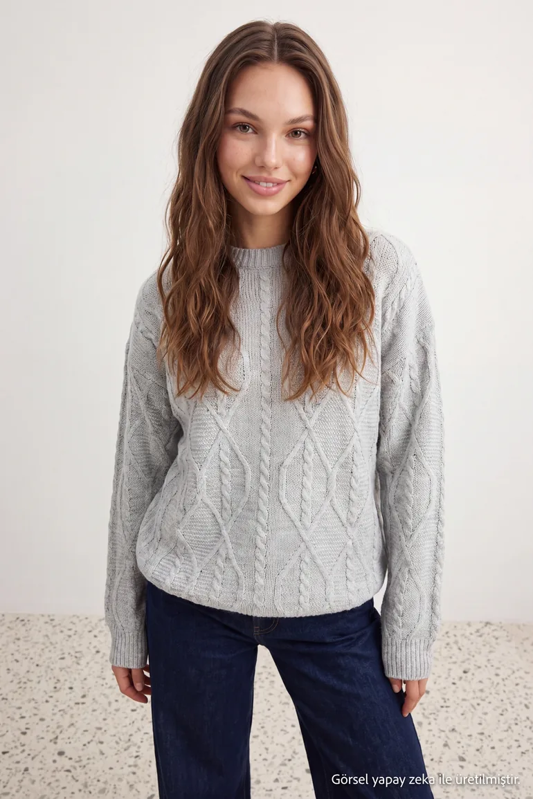 Gray Oversize Crew Neck Hair Knitted Knitwear Sweater - 2