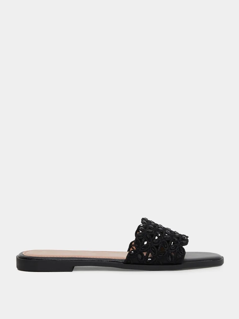 Black Embellished Flat Sandals - 1
