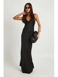 V Neck Satin Maxi Slip Dress - black