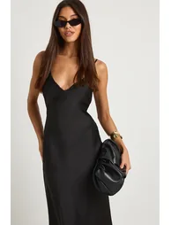 V Neck Satin Maxi Slip Dress - black - 2