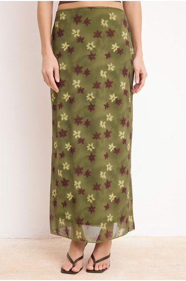 Khaki Abstract Patterned Tulle Lace Detailed Stretchy Skirt product thumbnail 3