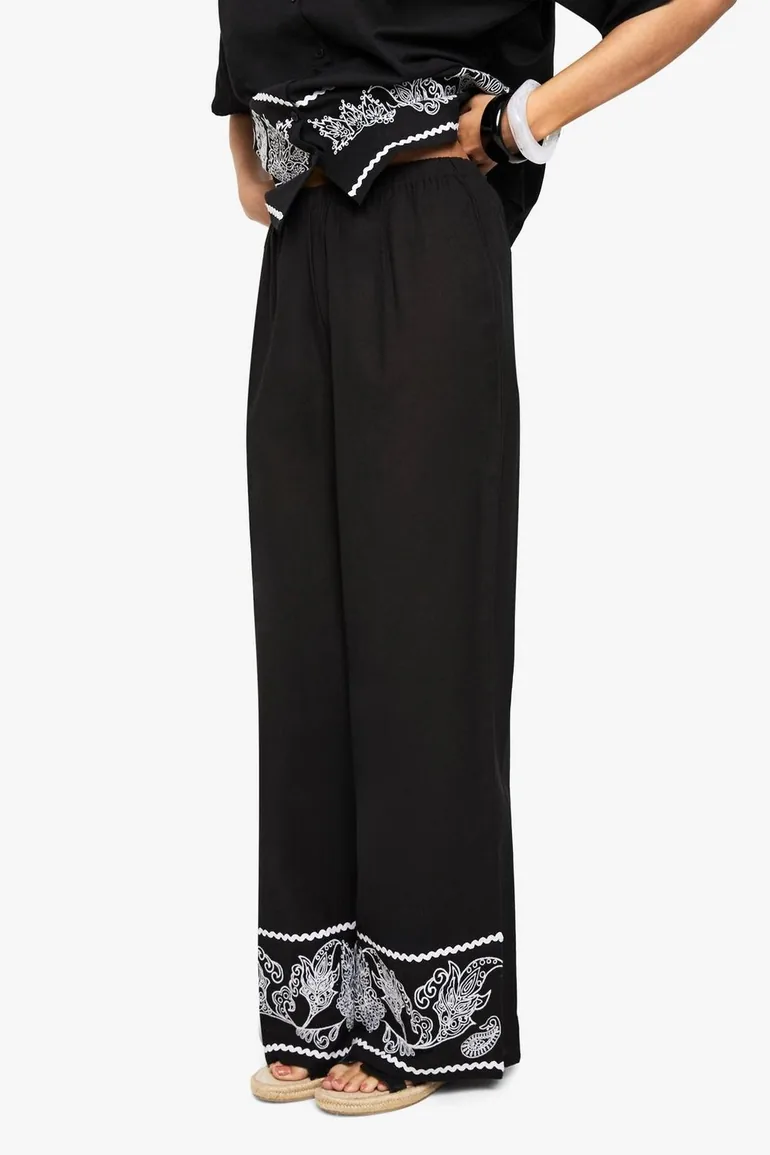 Embroidered Trim Cotton Poplin Wide Leg Trousers - black - 3