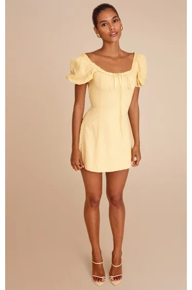 Yellow Broderie Puff Sleeve A-line Mini Dress