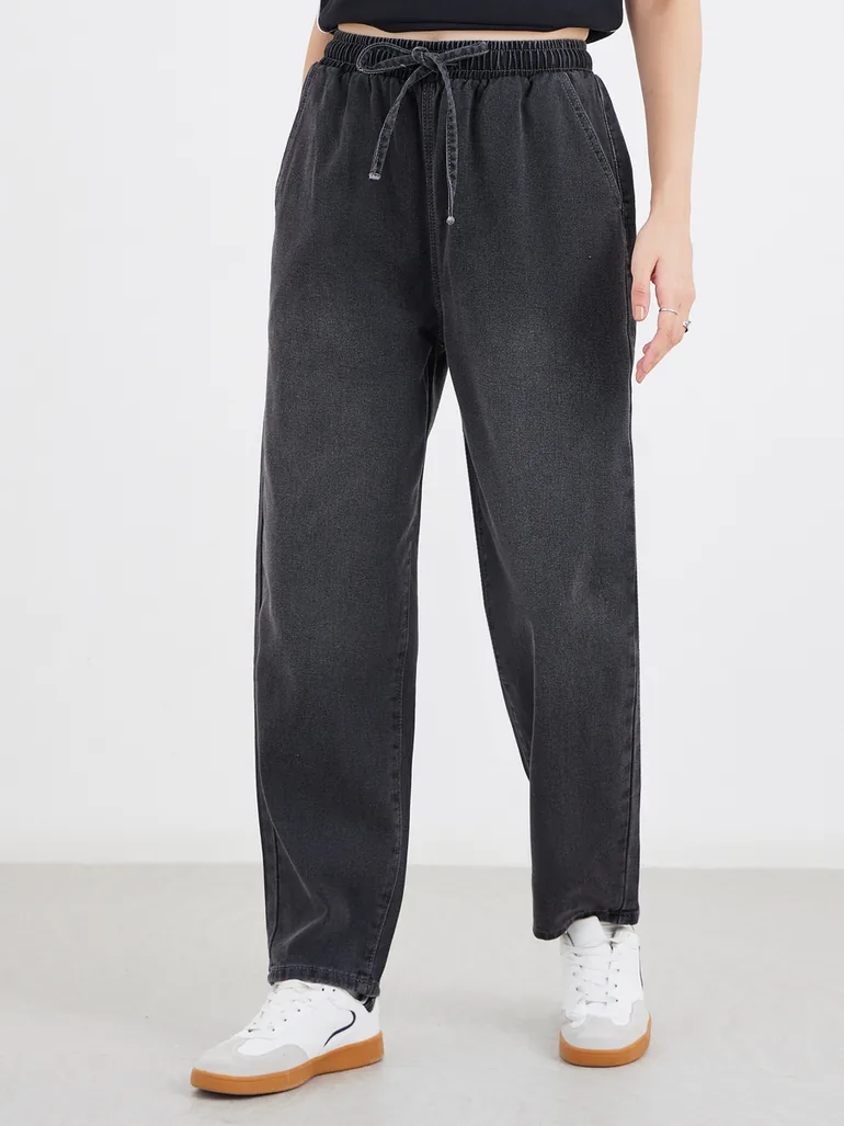 Barrel Fit Ankle Length Washed Jeans - 1