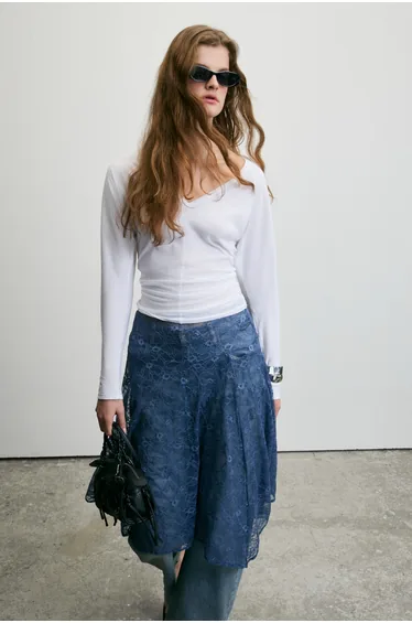 GRIMELANGE BREATIS Women's Asymmetric Skirt Triple Lace Navy Skirt
