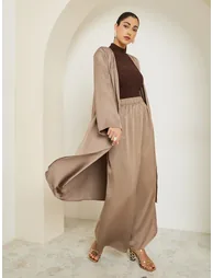 Brown Satin Kimono and Wide Leg Pants Set - 2