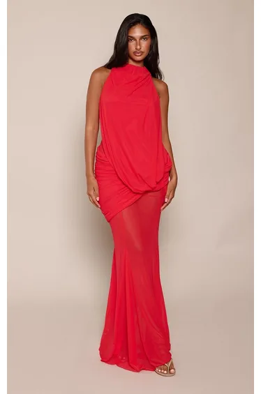 PLT Label Red Mesh Asymmetrical Drape Godet Fishtail High Neck Maxi Dress