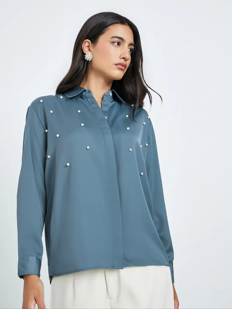Grey Pearl-Embellished Long Sleeve Shirt - 2