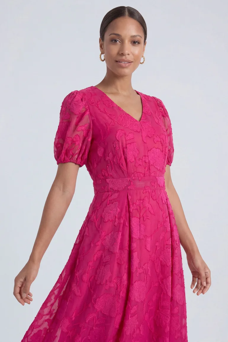 Floral Jacquard Puff Sleeve Midi Dress - 2