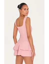 Baby Pink Stretch Woven Pleated Skort Playsuit - 1