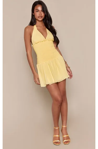 Lemon Chiffon Halterneck Ruched Bodice Mini Dress