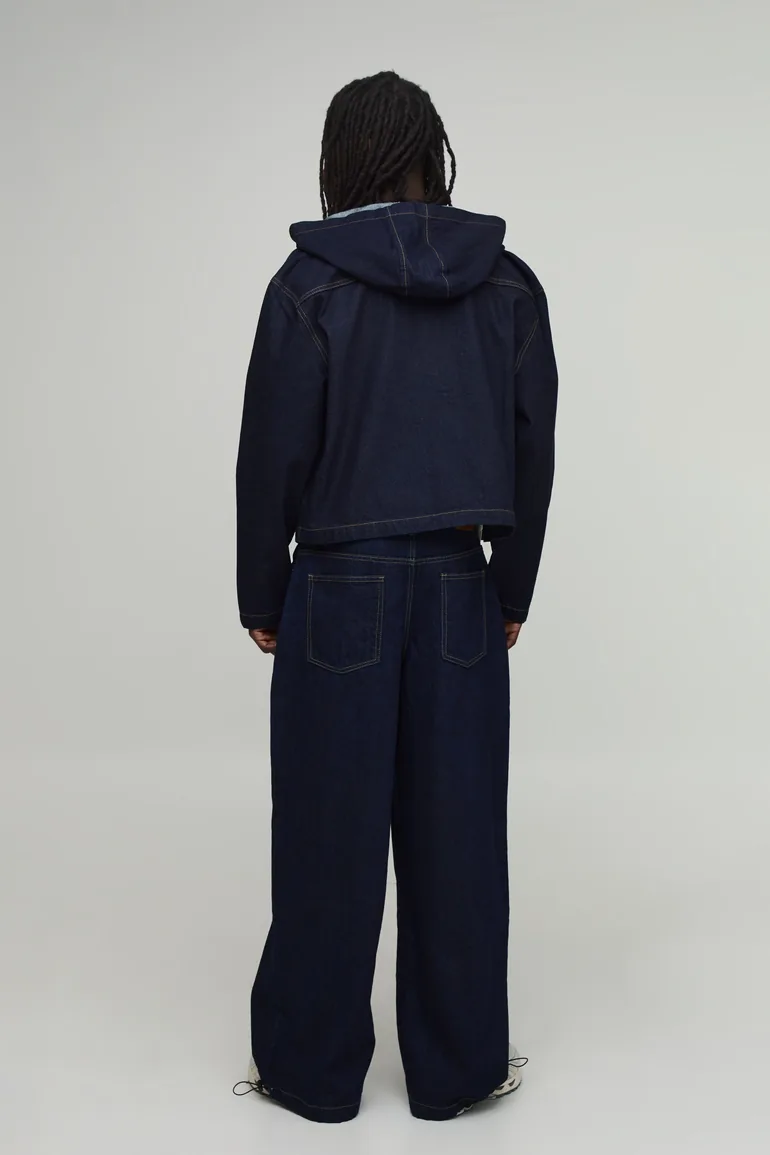 Essential Boxy Oversized Zip Through Denim Hoodie - indigo - 1