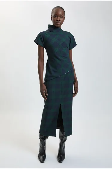 Tartan Check Asymmetric Pencil Dress