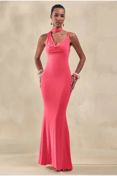 Kenza | Coral Asymmetric-Neck Maxi Dress With Scarf-Detail