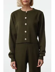Khaki Crop Cardigan-Pants Knitwear Bottom-Top Set - 2