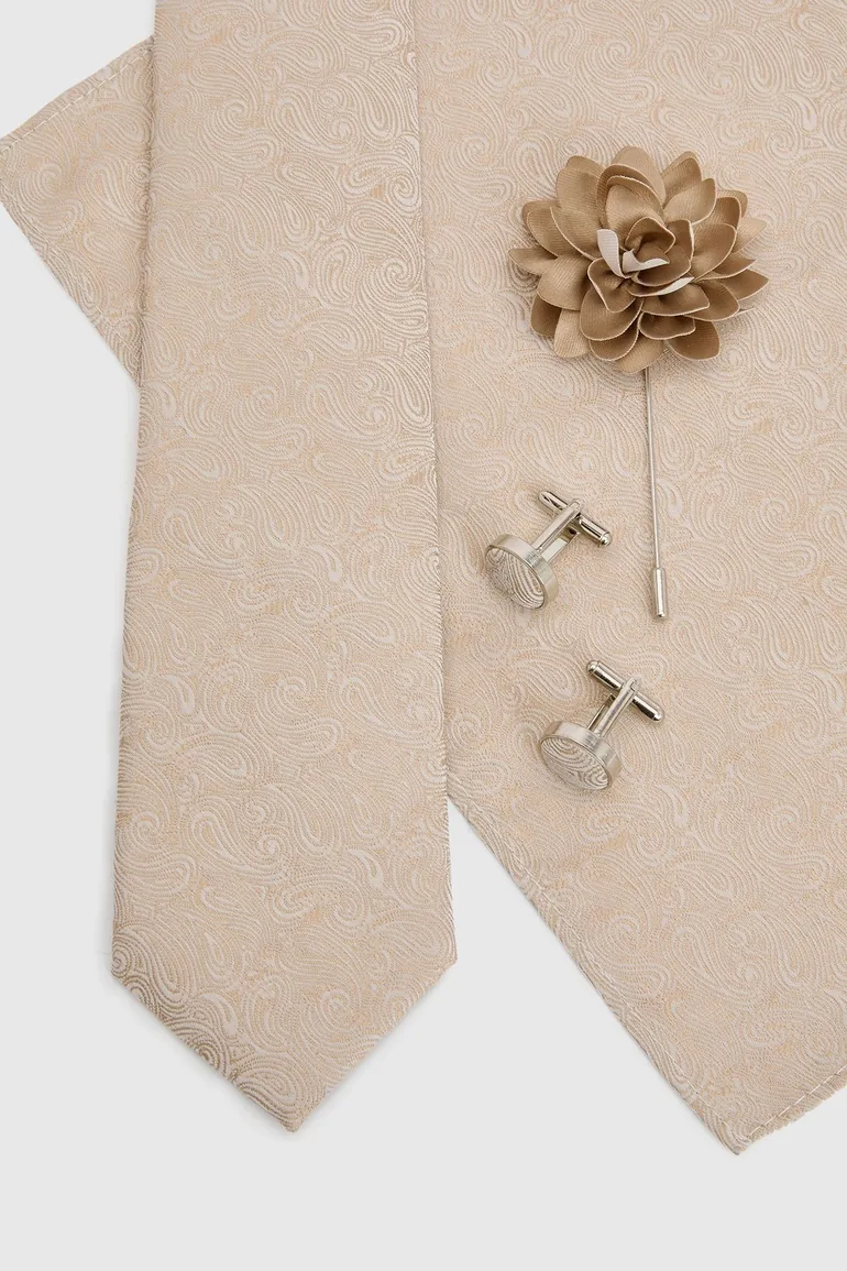 Champagne Paisley Tie, Pocket Square with Lapel Pin and Cufflink Box Set - 1