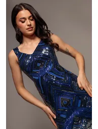 Geometric Sequin Sleeveless Maxi - Royal Blue by Goddiva - 2