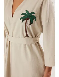 Green Belted Maxi Woven Palm Embroidered Linen Blend Kimono&Caftan - 4