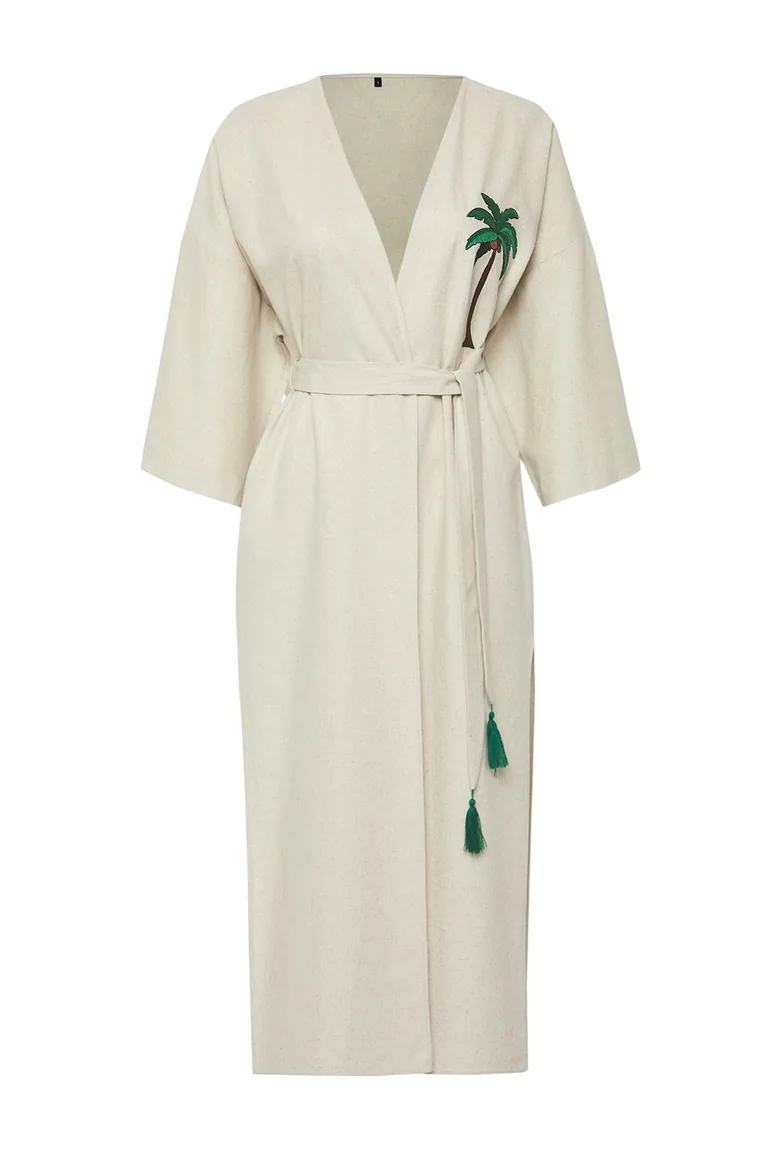 Green Belted Maxi Woven Palm Embroidered Linen Blend Kimono&Caftan - 5