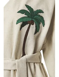 Green Belted Maxi Woven Palm Embroidered Linen Blend Kimono&Caftan - 7