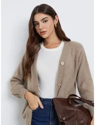 Beige Regular Fit Fuzzy Yarn Cardigan
