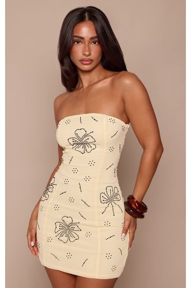 Petite Lemon Floral Beaded Haltnerneck Flowy Mini Dress