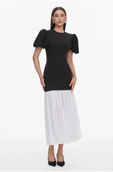 Spiral Classic Tailored Puff Sleeve Pleated Contrast Maxi Dress