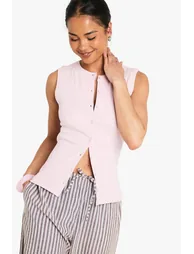 Ribbed Button Front Longline Top - pink - 1